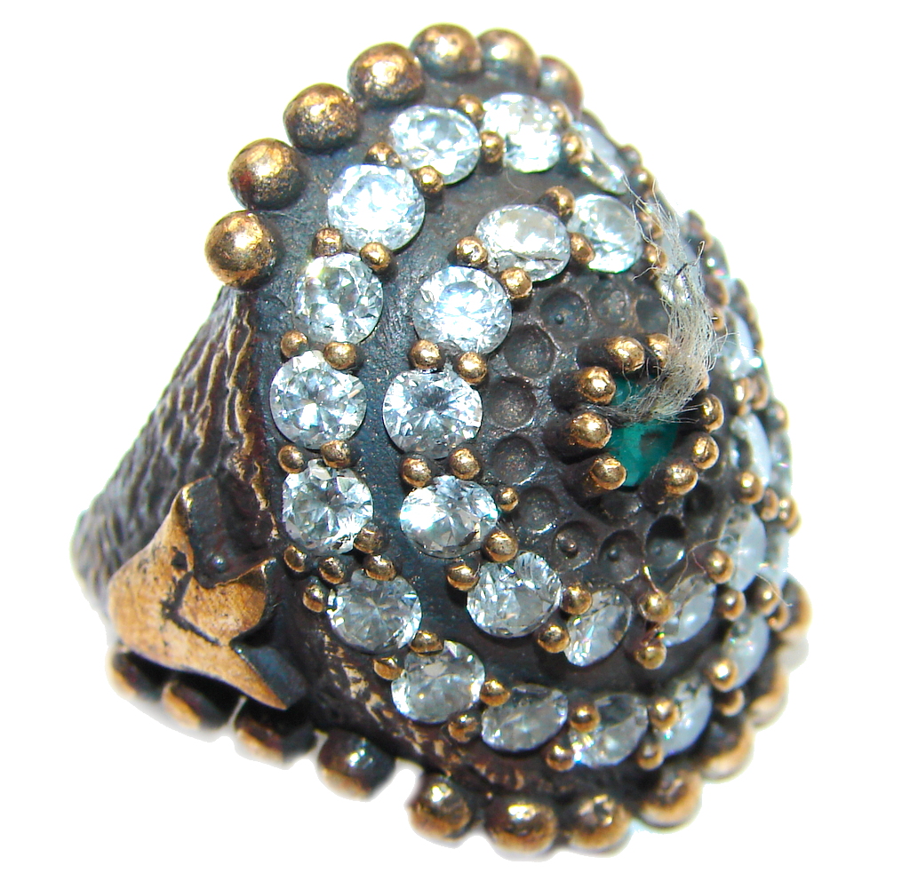 Victorian Style created Emerald & White Topaz Copper over Sterling Silver ring; s. 6 3/4