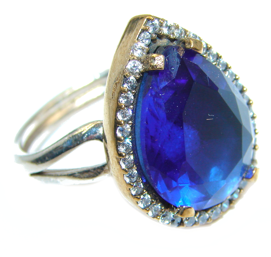 Created Blue Sapphire & White topaz Sterling Silver Ring s. 8