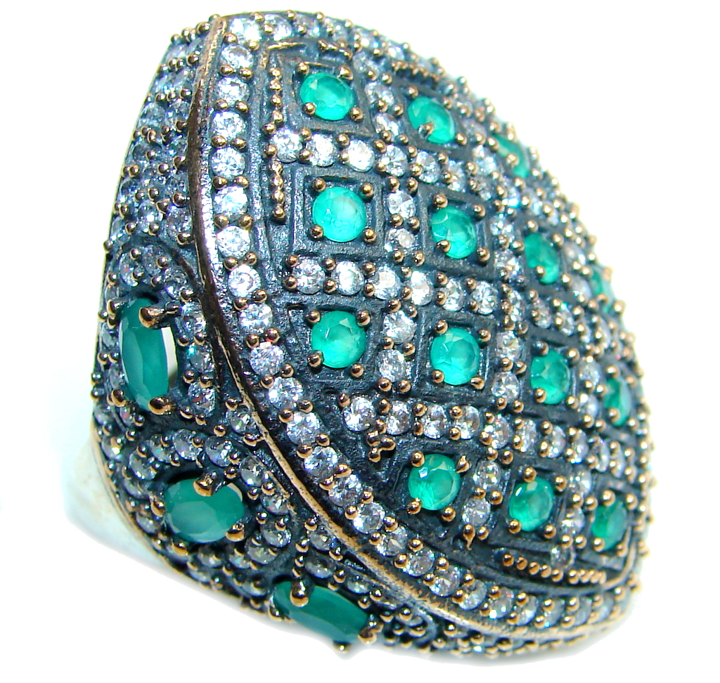 Victorian Style created Emerald & White Topaz Copper over Sterling Silver ring; s. 9