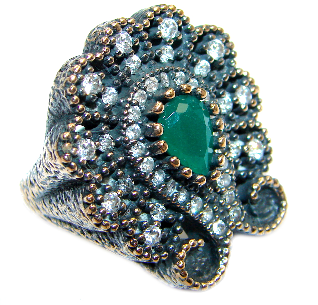 Victorian Style created Emerald & White Topaz Copper over Sterling Silver ring; s. 6 1/2