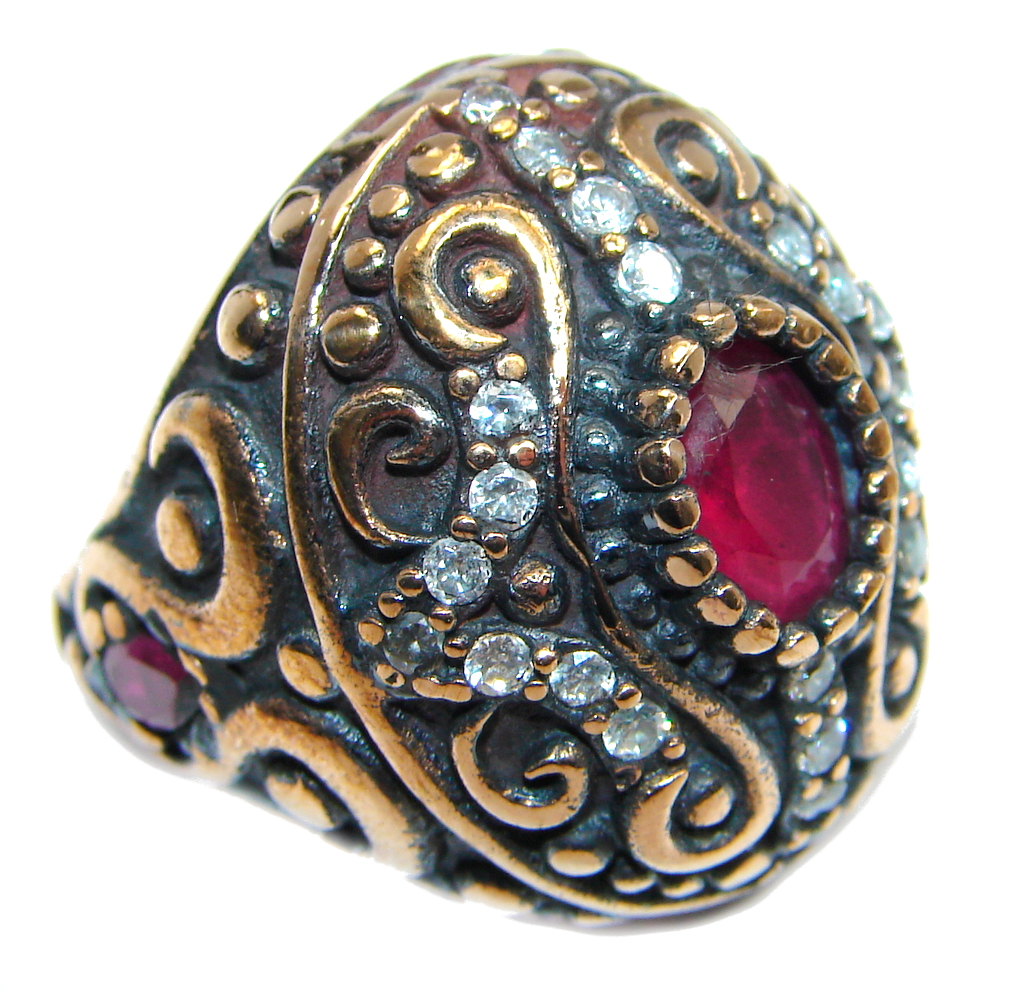 Large Victorian Style created Ruby & White Topaz Sterling Silver ring; s. 6 1/4