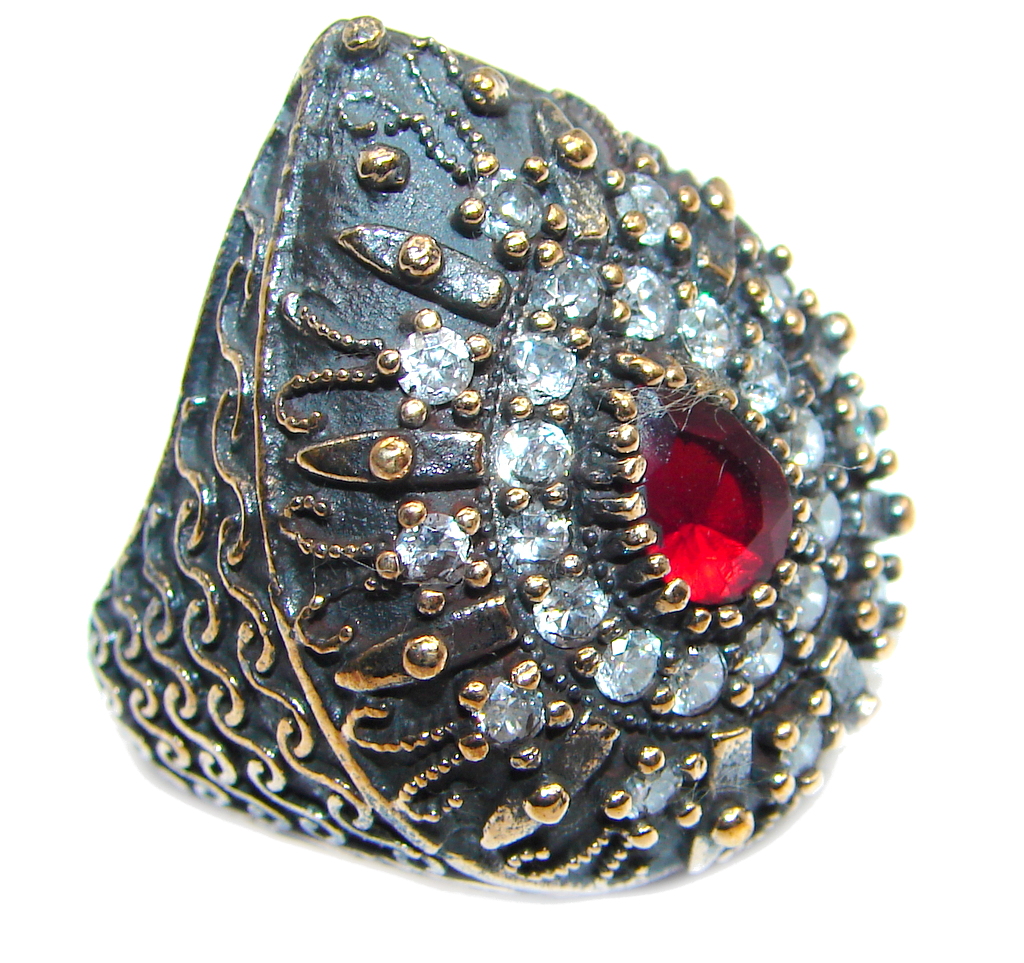 Large Victorian Style created Ruby & White Topaz Sterling Silver ring; s. 7
