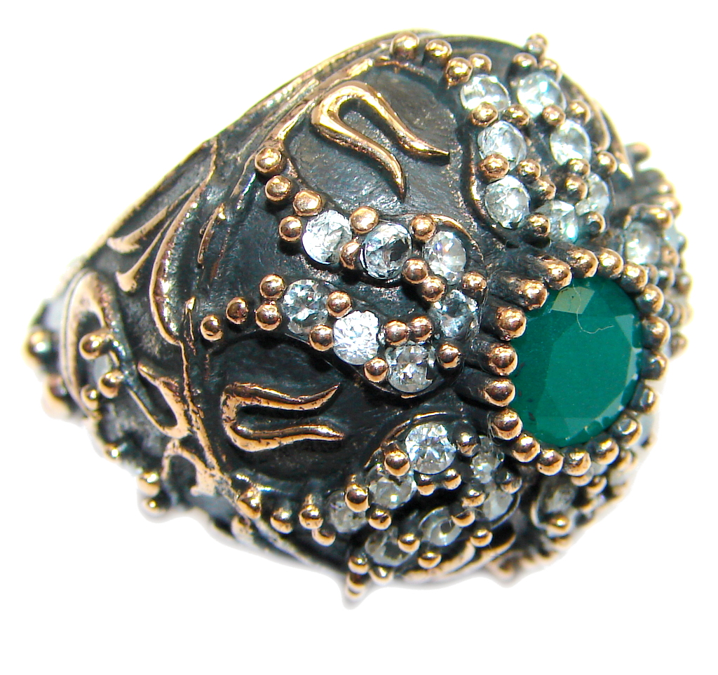 Victorian Style created Emerald & White Topaz Copper over Sterling Silver ring; s. 6