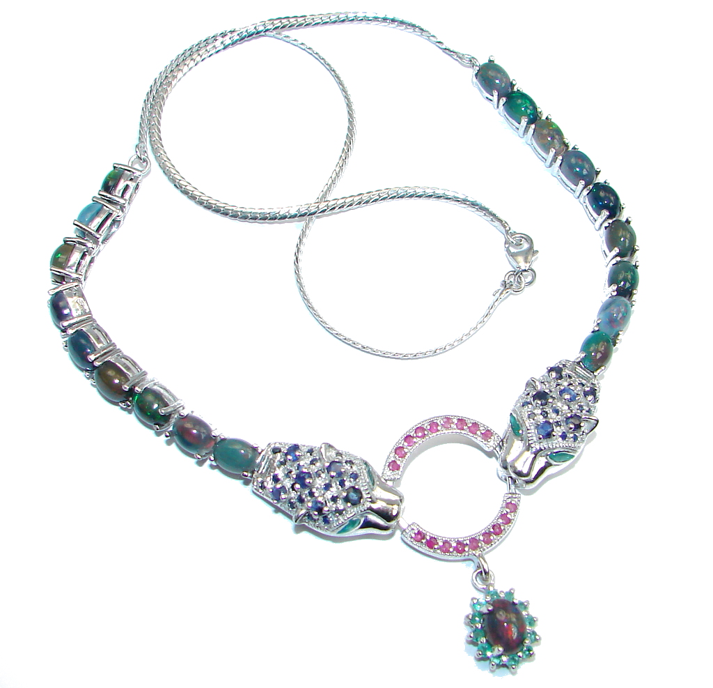 LUXURY Rare Black Opal Emerald Ruby Sapphire 925 Sterling Silver Tiger Necklace