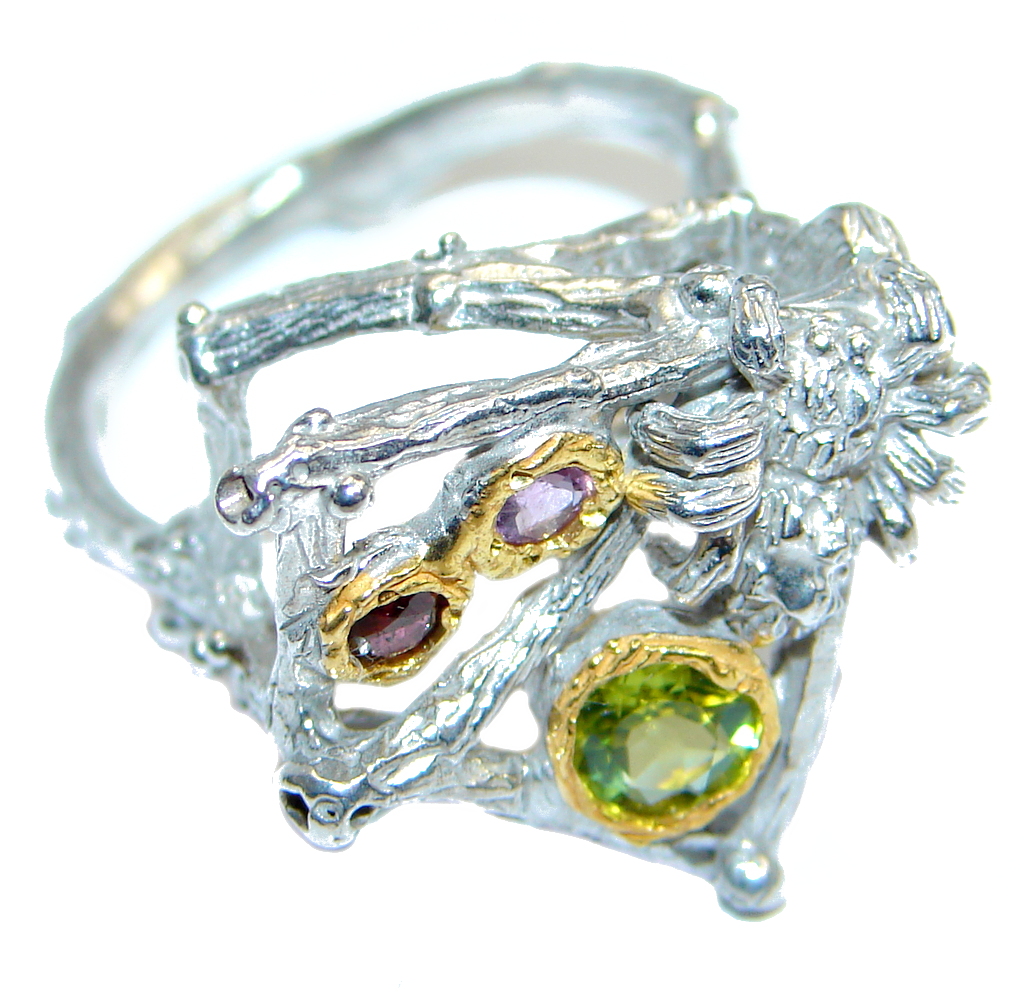 Classic Authentic Peridot Amethyst Garnet Sterling Silver Ring s. 8 1/4