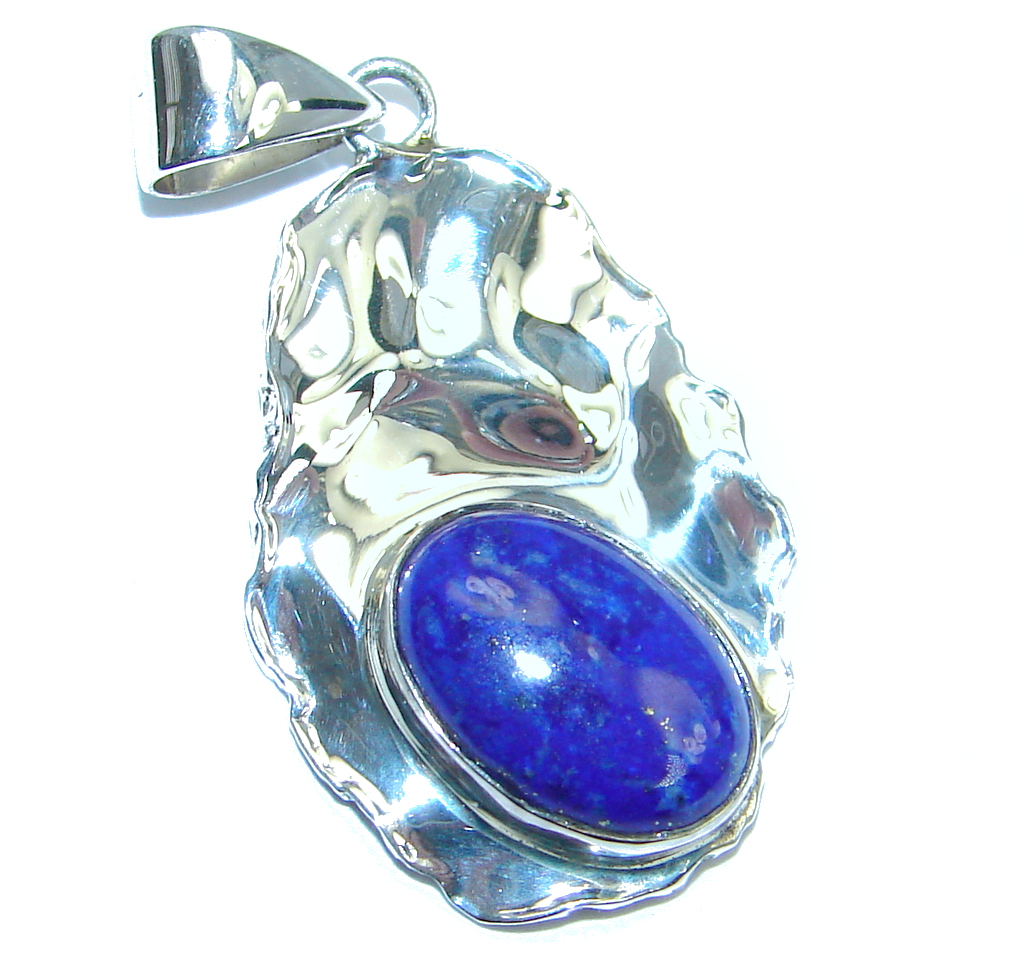 Genuine AAA Blue Lapis Lazuli hammered Sterling Silver Pendant