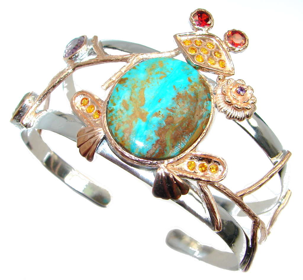 Lucky Frog Genuine Chrysocolla Gold plated over Sterling Silver handmade Bracelet Cuff