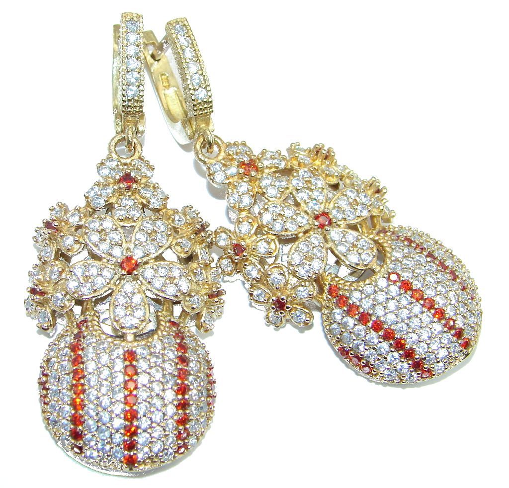 Large Victorian Style created Red Ruby Sterling Silver chandelier earrings