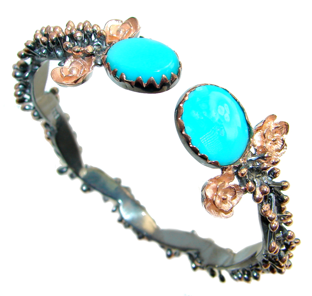 Genuine Sleeping Beauty Turquoise Two Tones Sterling Silver Bracelet / Cuff