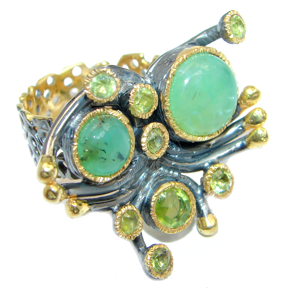 Large Moss Prehnite Peridot Gold plated over Sterling Silver ring; s. 8