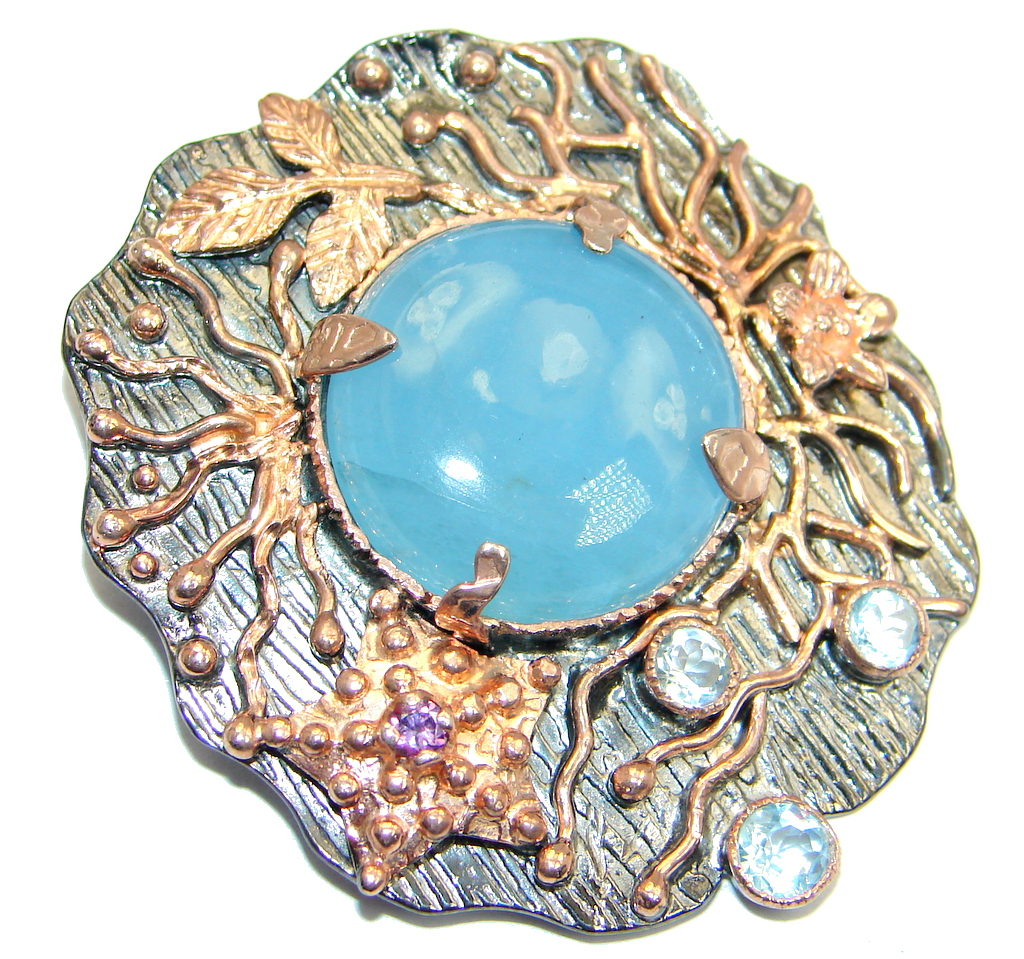 Genuine Blue Aquamarine Rose Gold Rhodium plated over Sterling Silver Pendant