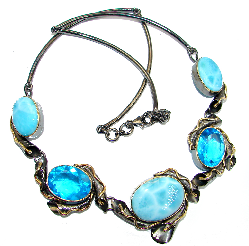 Larimar Swiss Blue Topaz Rose Gold Rhodium plated over Sterling Silver handmade necklace