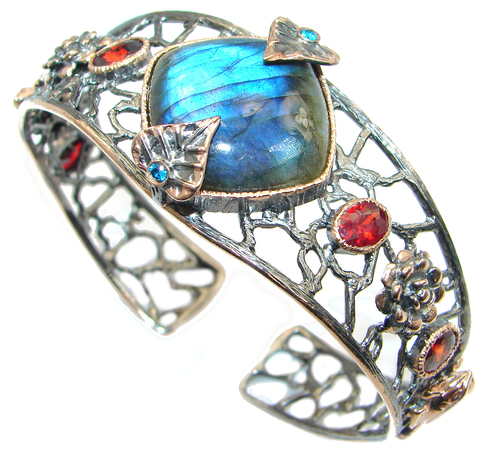 Genuine Labradorite Rose Gold plated over Sterling Silver handmade Bracelet / Cuff