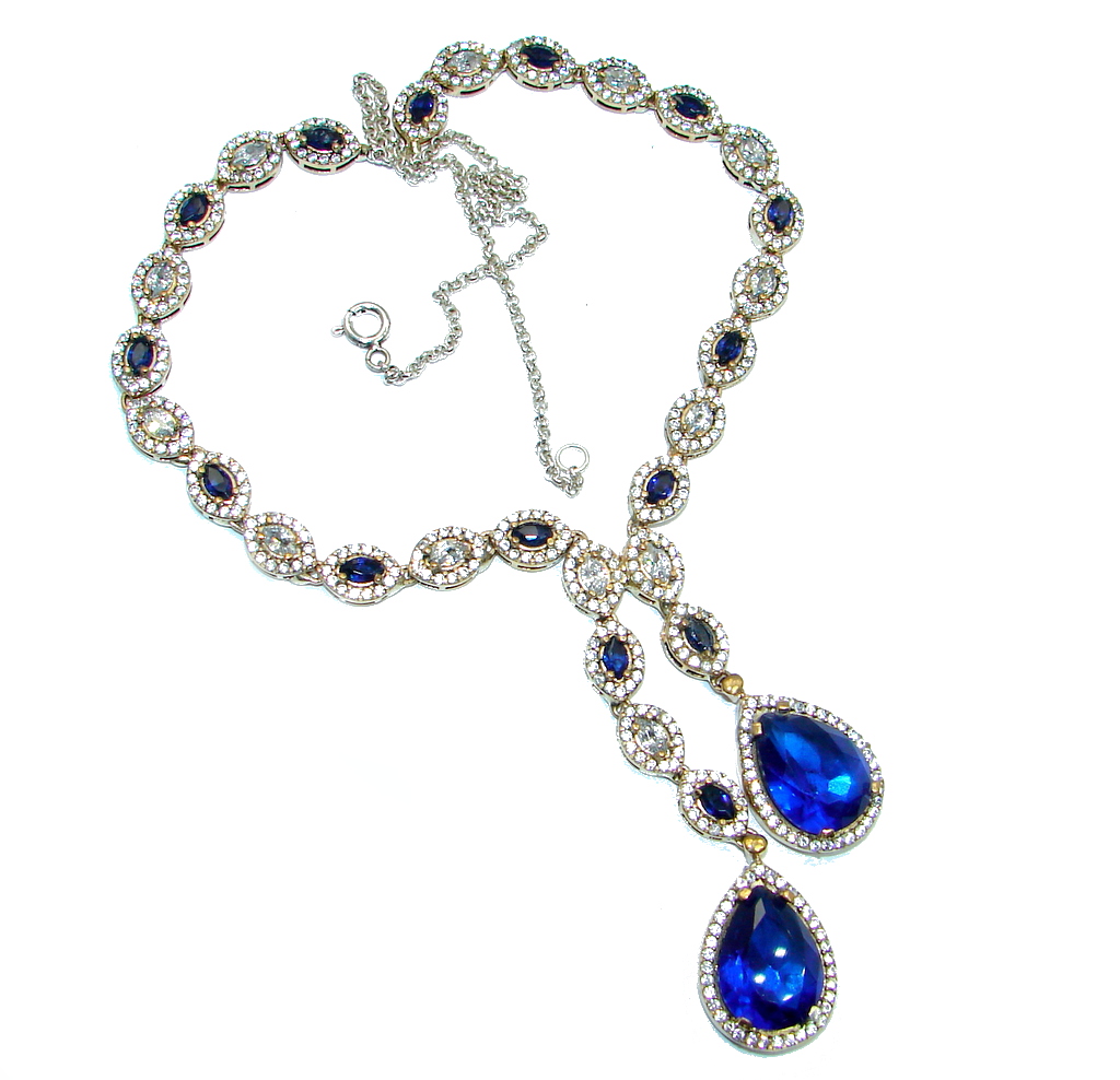 Elegant Victorian Style created Sapphire & White Topaz copper over Sterling Silver necklace