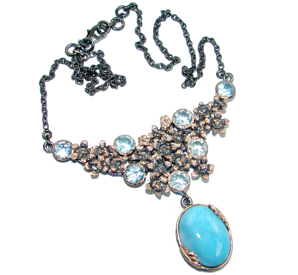 Masterpiece Natural Blue Larimar Swiss Blue Topaz Rose Gold lated over Sterling Silver handmade necklace
