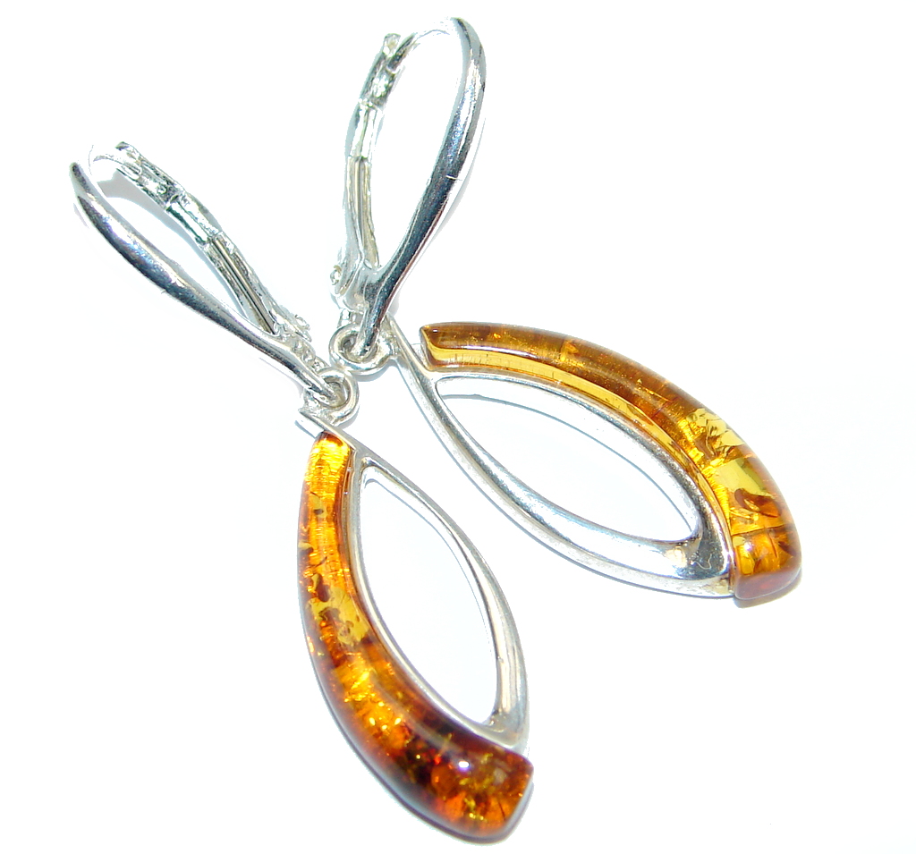 Beautiful Deep Cognac color Polish Amber Gold plated over Sterling Silver Earrings