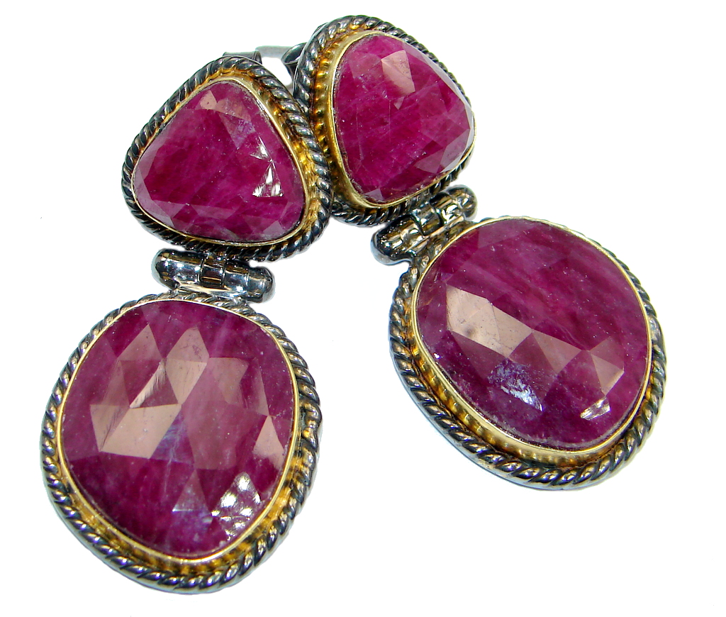 Trendy Ruby 18ct Gold Rhodium plated over Sterling Silver handmade stud earrings