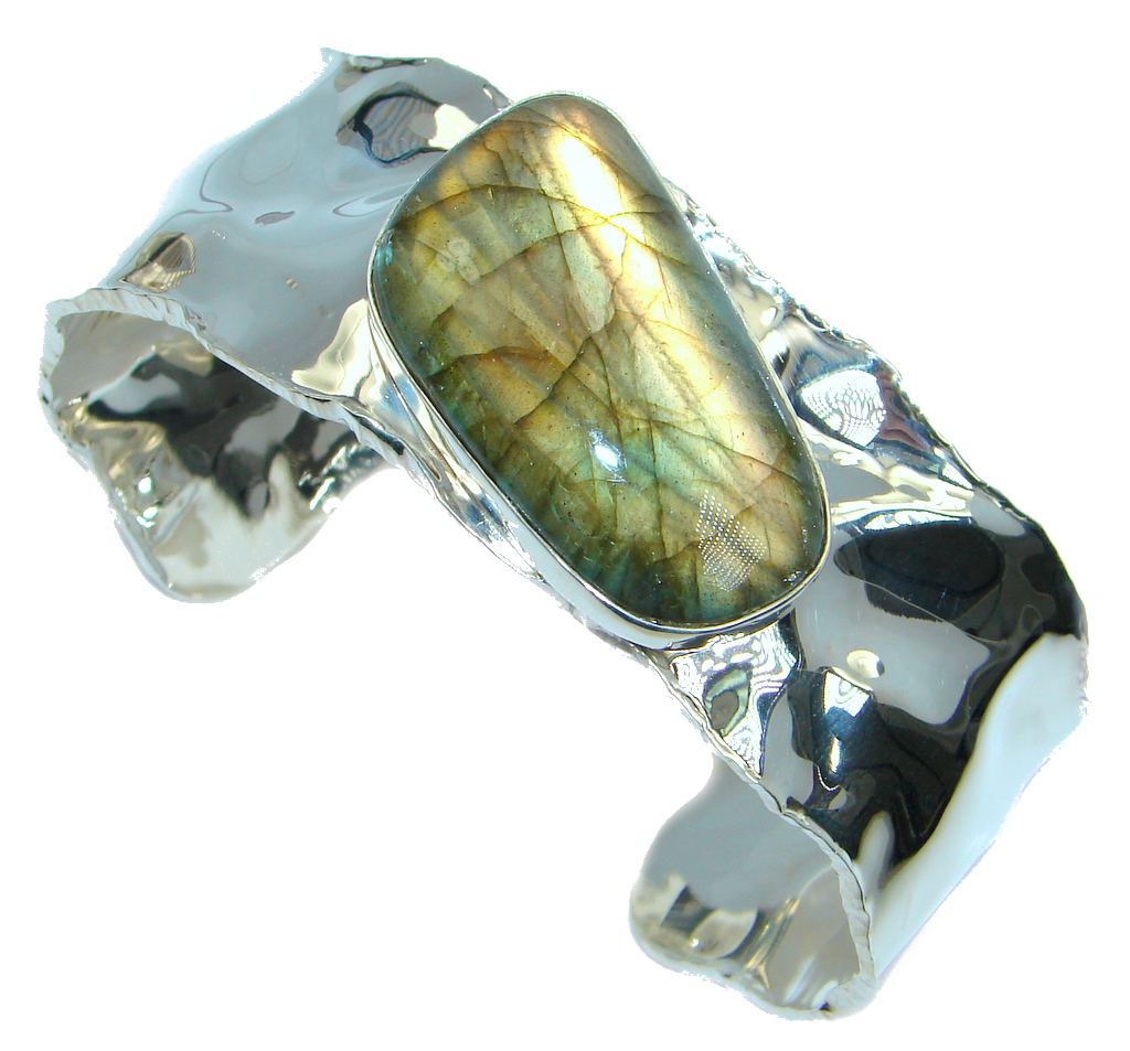 Large Natural AAA Labradorite Hammered Sterling Silver Bracelet / Cuff