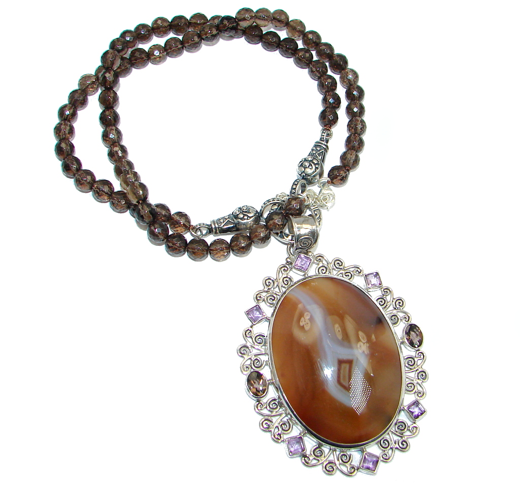 Gracious Genuine Botswana Agate Smoky Topaz Beads Sterling Silver handmade Necklace
