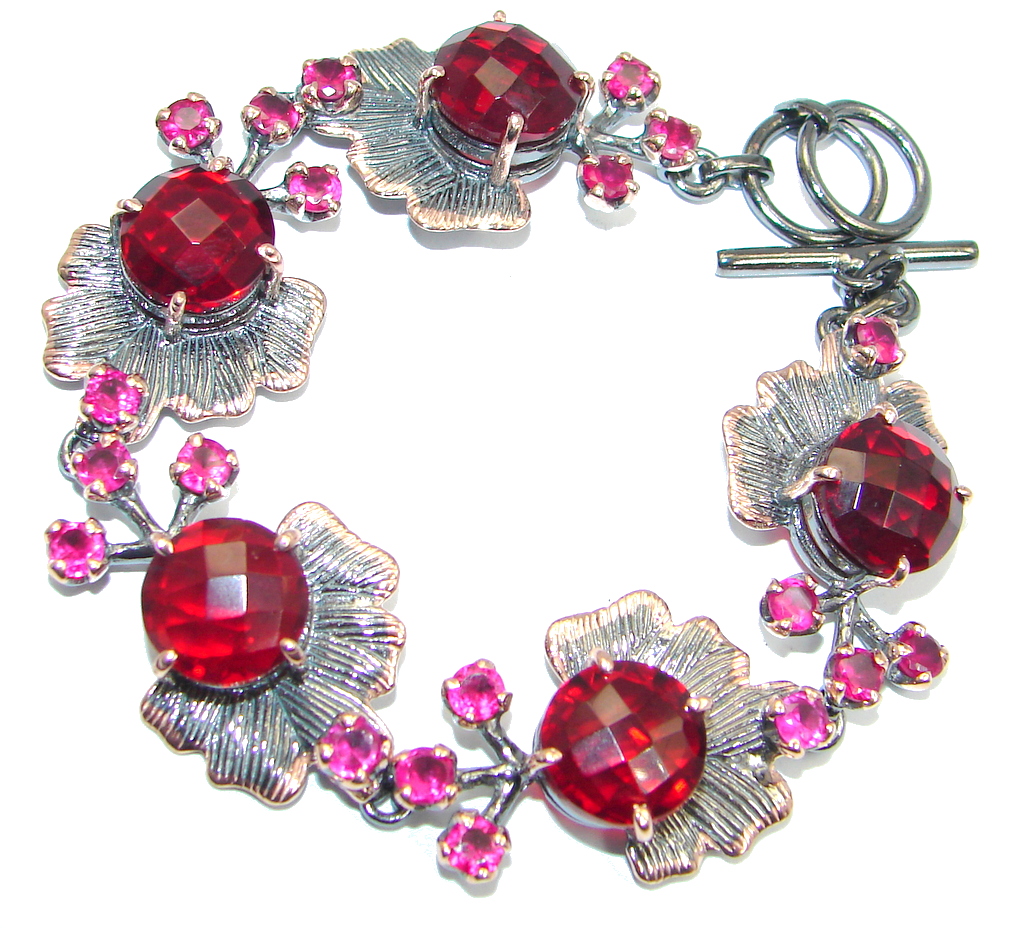 Amazing Flawless Passion Red created Ruby Rose Gold Rhodium plated over Sterling Silver Bracelet