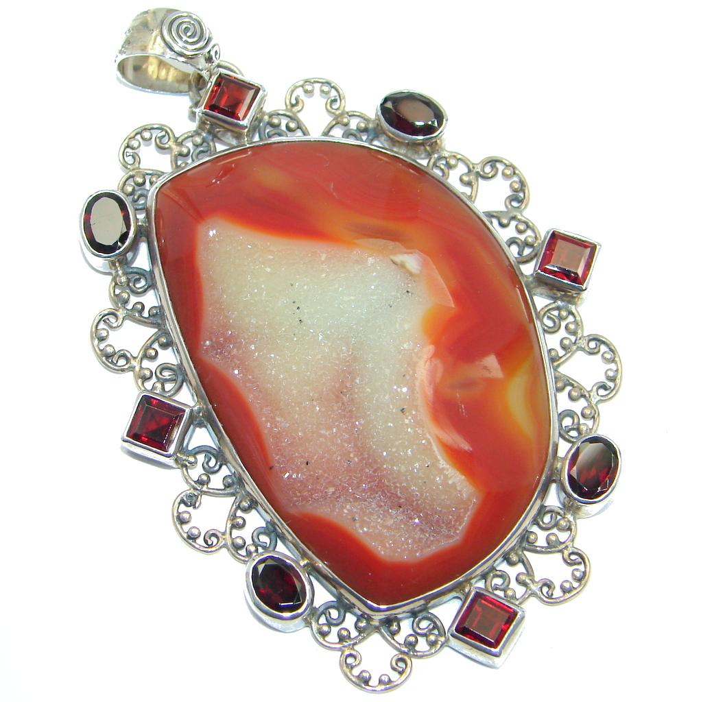 Giant Botswana Druzy Agate Garnet Sterling Silver handmade Pendant
