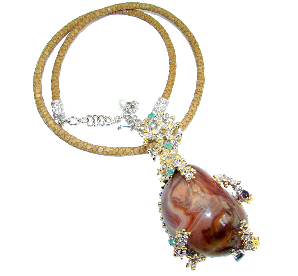 Handmade Natural 430 Ct Agate Emerald Topaz 925 Silver Stingray Leather Necklace