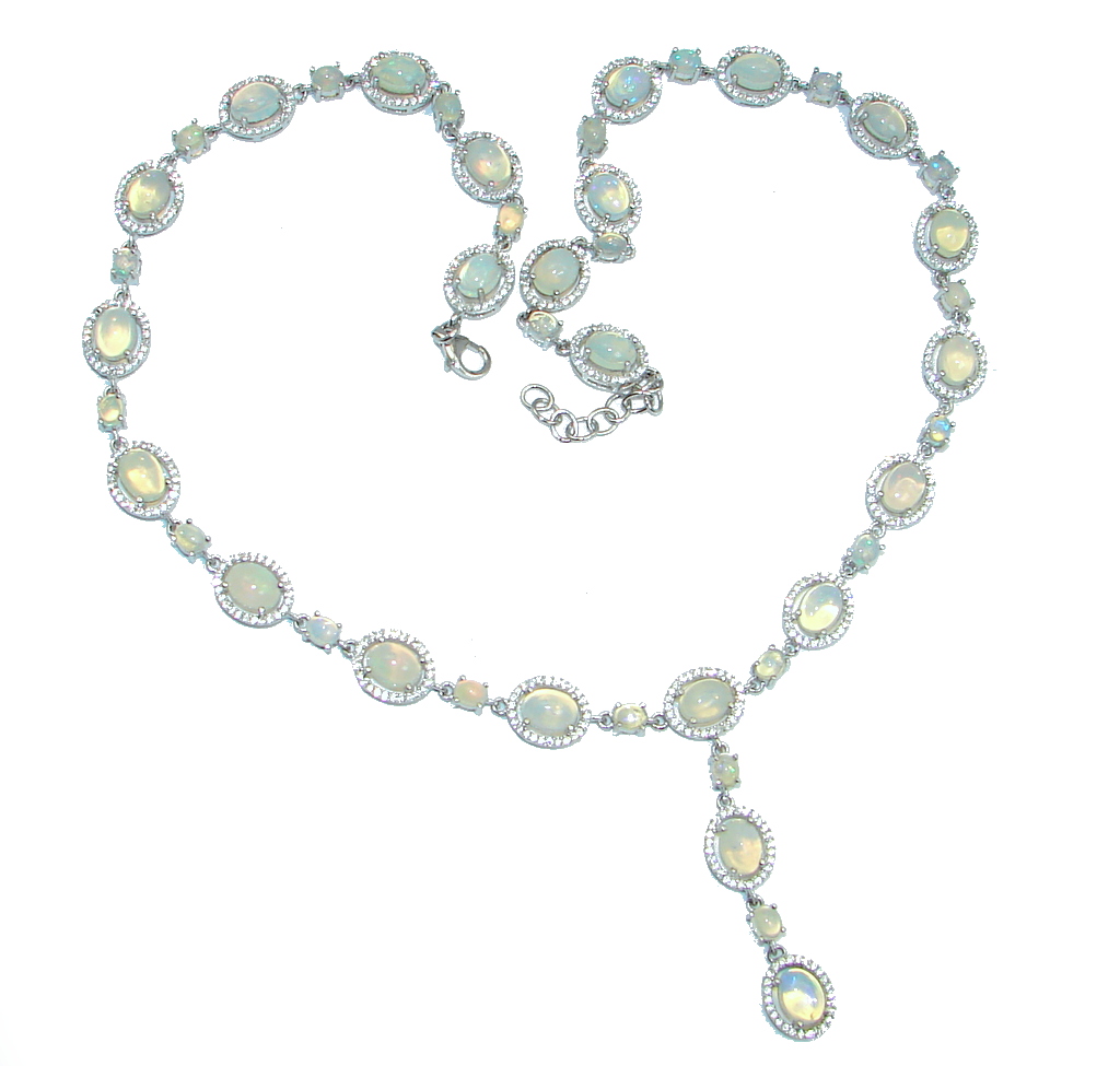 Fabulous Natural Hot Rainbow Fire Opal White Topaz 925 Silver Necklace