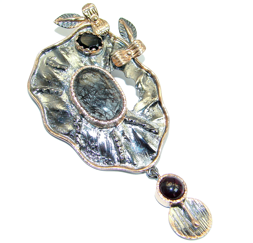 Beautiful Natural Tourmalinated Quartz Rose Gold plated over Sterling Silver Pendant