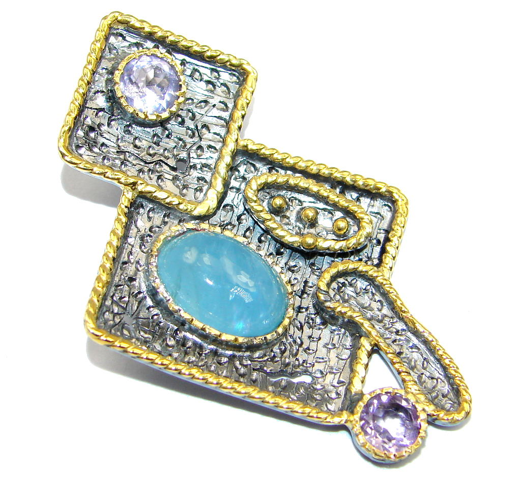 Genuine Blue Aquamarine Gold Rhodium plated over Sterling Silver handmade Pendant
