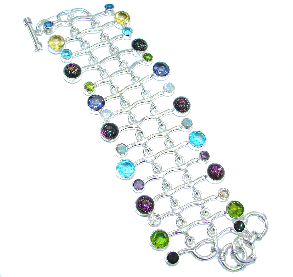Five Planets Mexican Dichroic Glass Sterling Silver handmade Bracelet