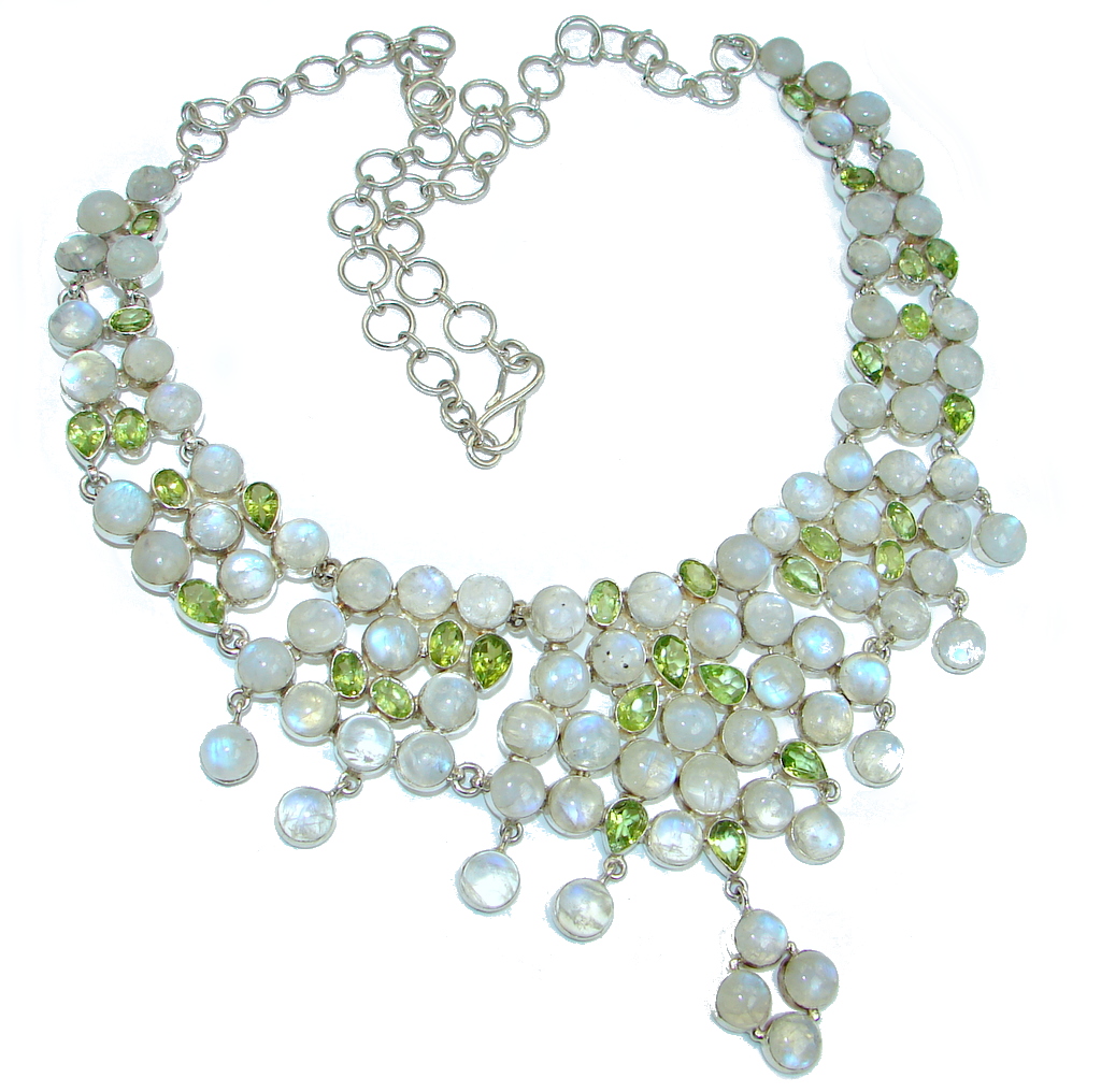 Heavenly White genuine Fire Moonstone Peridot Sterling Silver handcrafted necklace