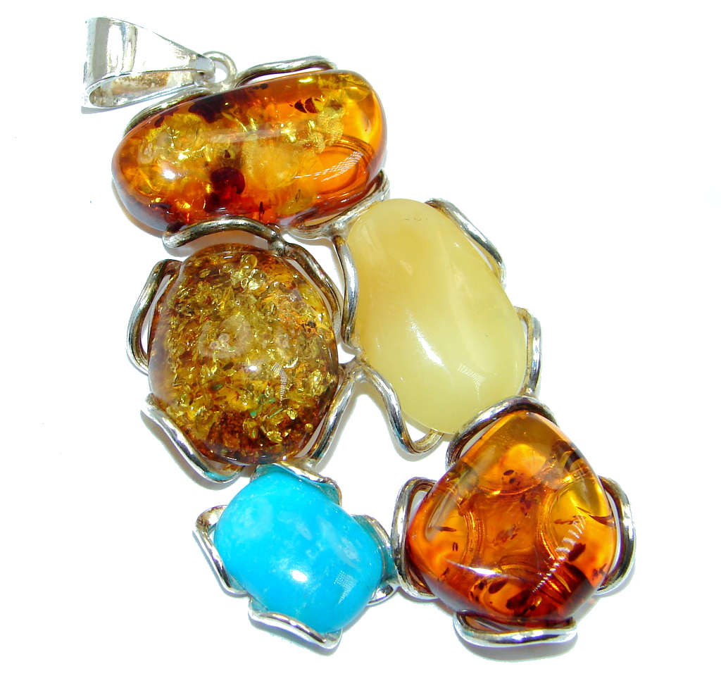 Natural Beauty Baltic Polish Amber & Turquoise Sterling Silver handmade Pendant