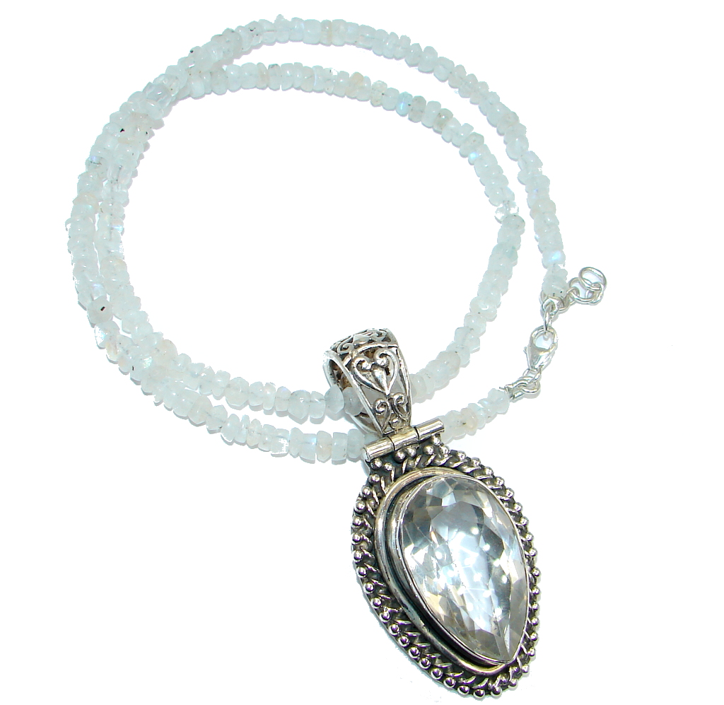 Classic Design White Topaz Moonstone Beads Strand Sterling Silver handcrafted necklace