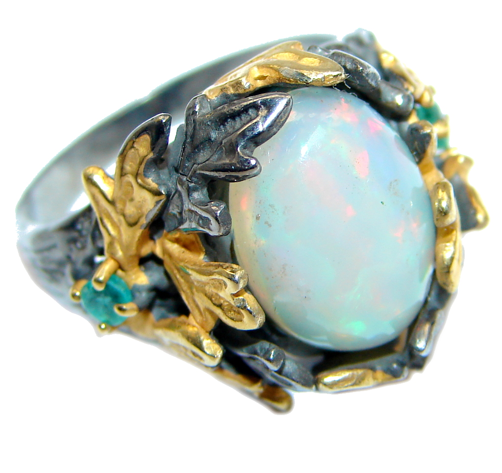 Unique Natural Ethiopian Opal Emerald Gold Rhodium plated over Sterling Silver ring s. 7 3/4