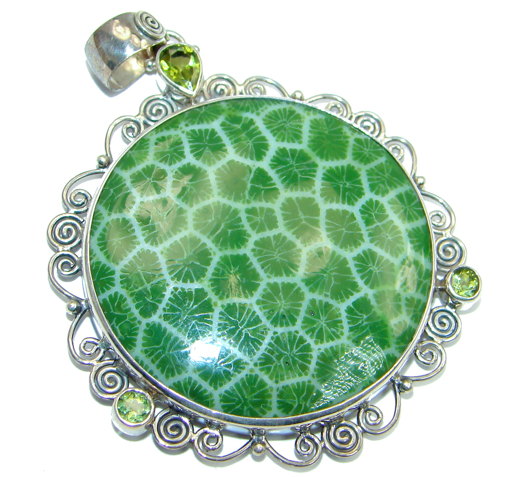 Big Genuine Shell Peridot Sterling Silver Pendant
