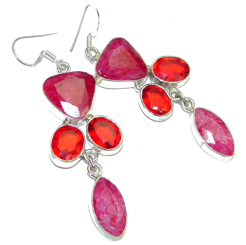 Chunky created Red Ruby Sterling Silver chandelier earrings