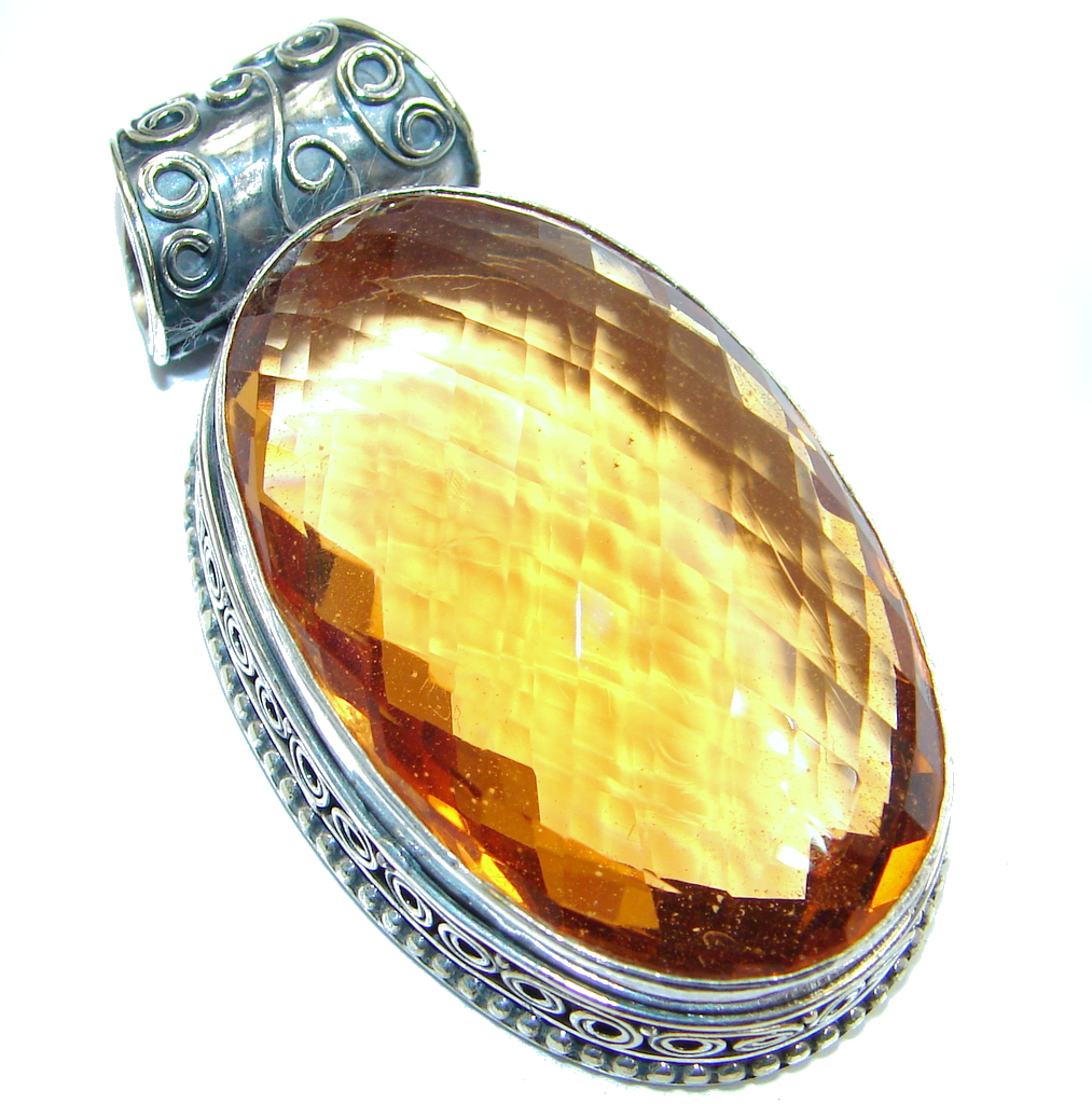 Large Vintage Style Orange Sapphire color Quartz Sterling Silver Pendant