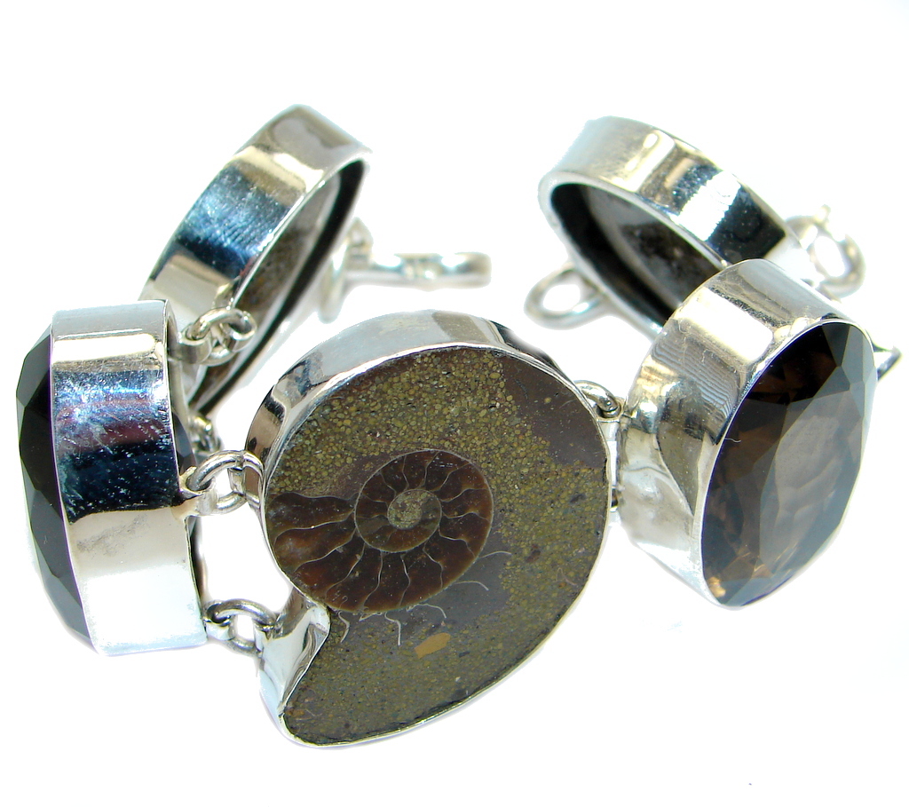 Natural Fossilized Ammonite Smoky Topaz Fossil Sterling Silver handmade Bracelet