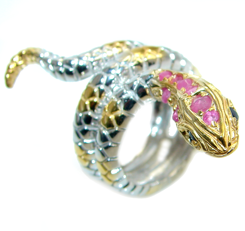 Amazing Ruby Saphire Snake Two Tones Sterling Silver Ring s. 6