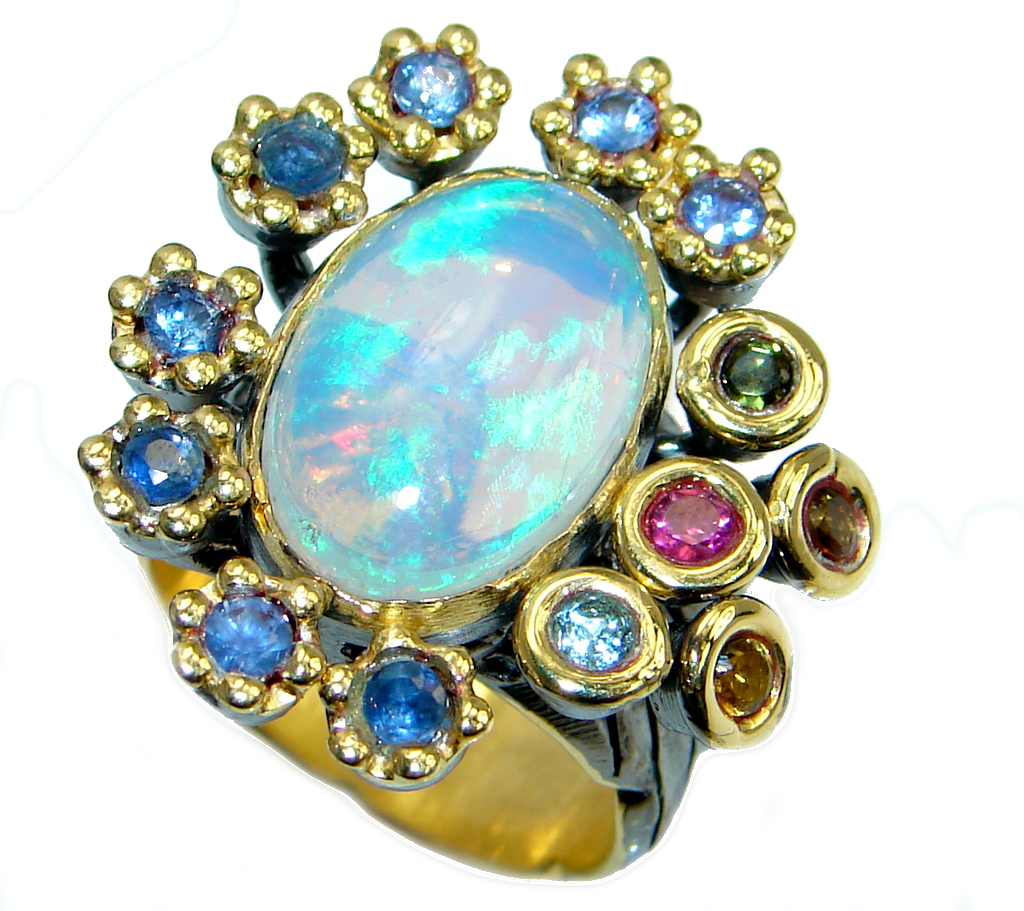 Natural 20.6ct Ethiopian Opal Tourmaline Tanzanite 18ct Gold Rhodium plated over Sterling Silver ring size 8