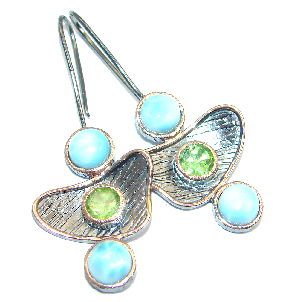 Secret Blue Larimar Peridot Rose Gold Plated Sterling Silver handmade earrings