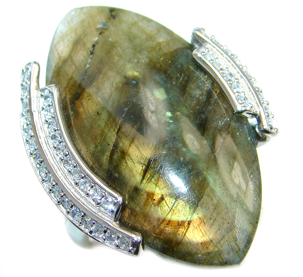 Blue Aura Fire Labradorite White Topaz Sterling Silver ring s. 8