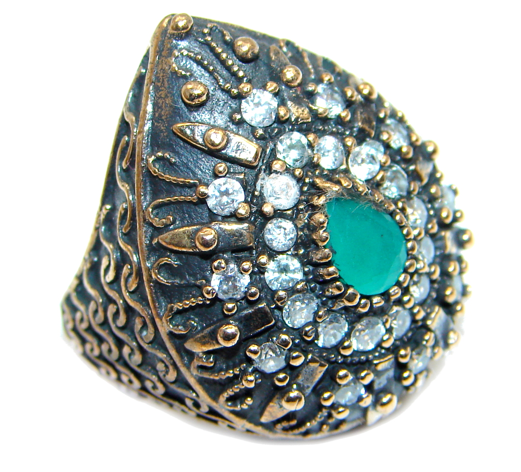 Victorian Style created Emerald & White Topaz Copper over Sterling Silver ring; s. 7
