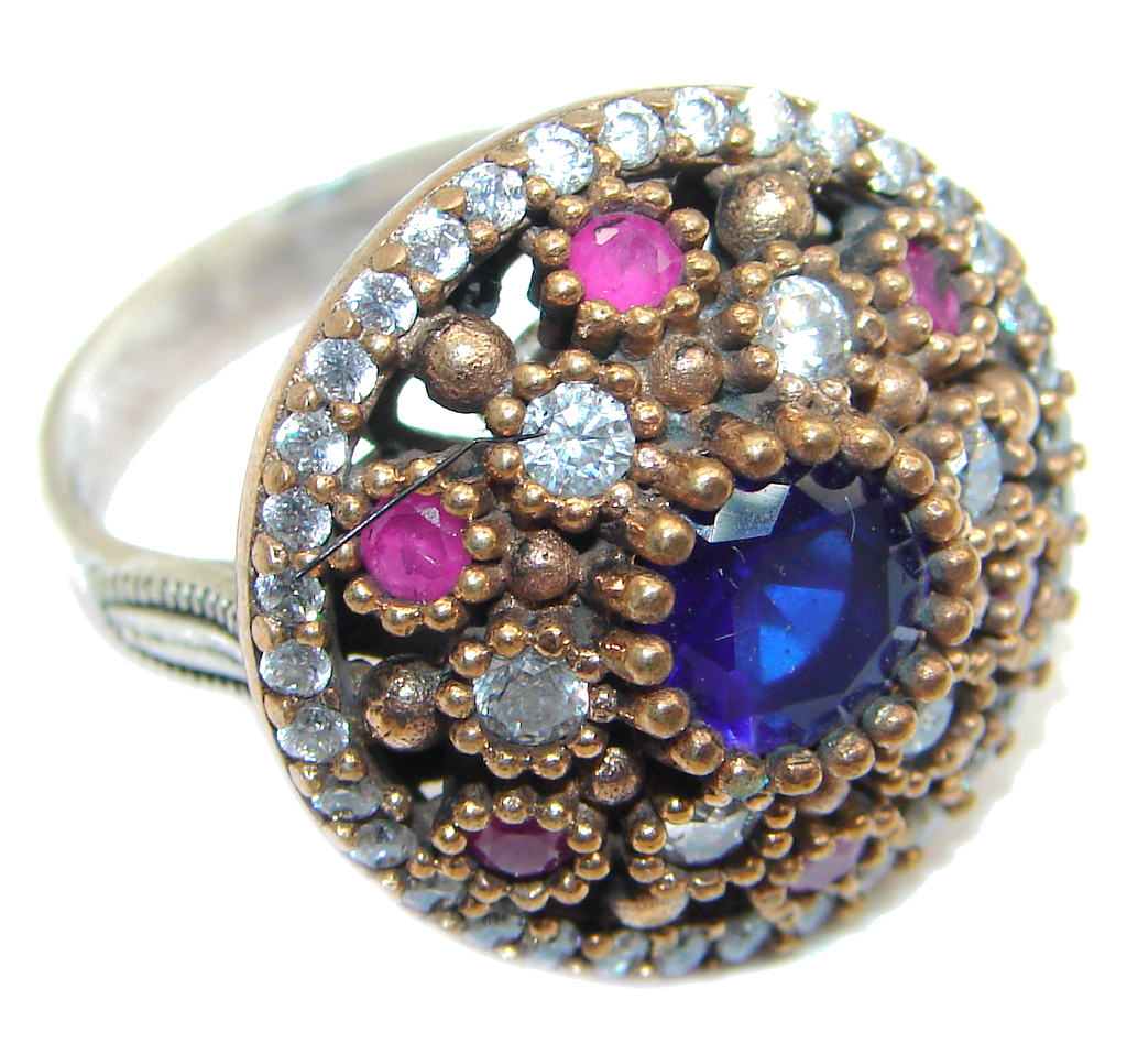 Created Blue Sapphire & White topaz Sterling Silver Ring s. 7 3/4