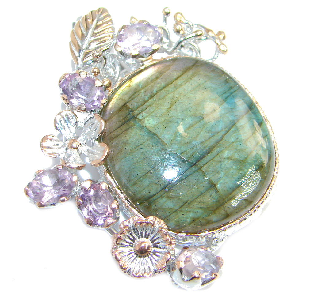 Fancy Design Labradorite Rose Gold plated over Sterling Silver handmade Pendant