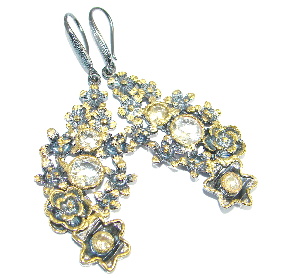 Huge natural Citrine Gold Rhodium plated over Sterling Silver handmade earrings