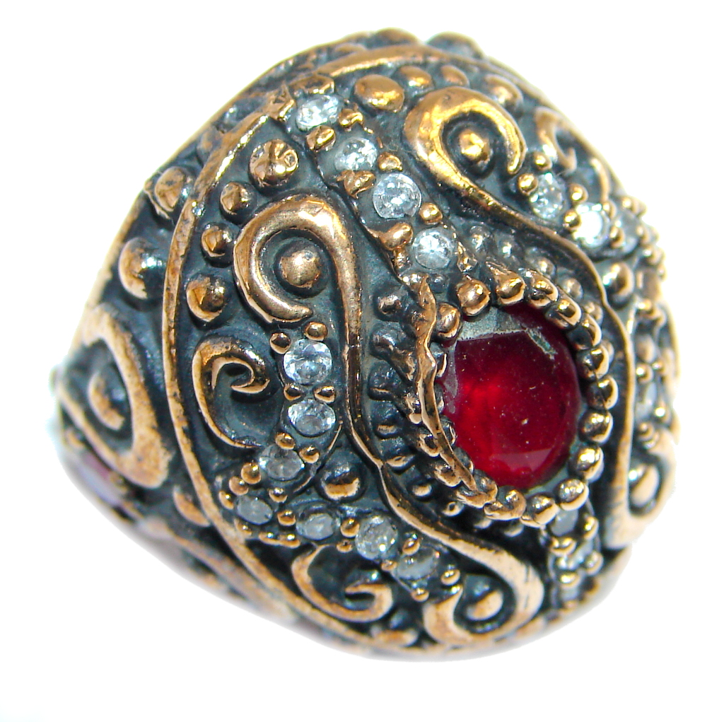 Large Victorian Style created Ruby & White Topaz Sterling Silver ring; s. 7
