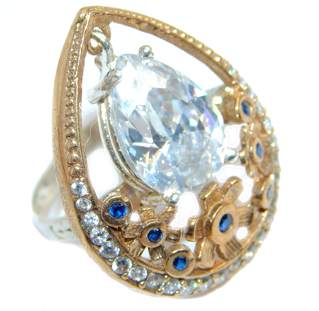 Created Blue Sapphire & White topaz Sterling Silver Ring s. 7 1/4