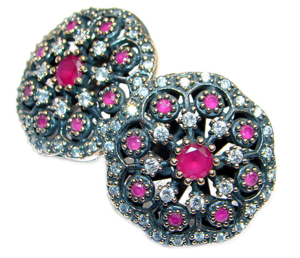 Large Victorian Style created Red Ruby Sterling Silver earrings