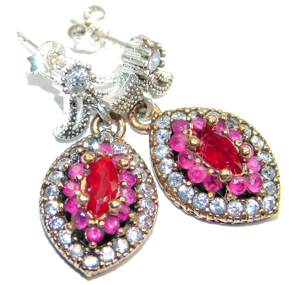 Large Victorian Style created Red Ruby Sterling Silver chandelier earrings